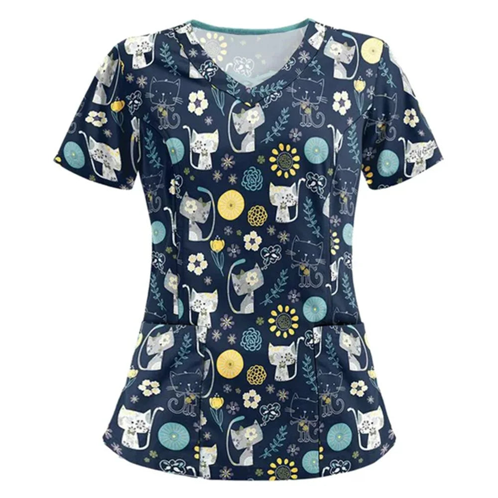 Clinical Uniform Woman Cute Cat Print Dental Nursing Tops V-Neck Short Sleeve with Pocket Tees Health Care Medical Scrubs Women