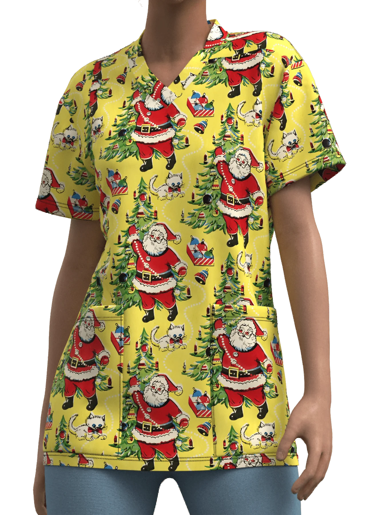 Sanitary Uniform Woman Cute Snowman Prints V-Neck Short Sleeve Pockets in Micro-Elastic Material Tops Clinical Uniforms Woman