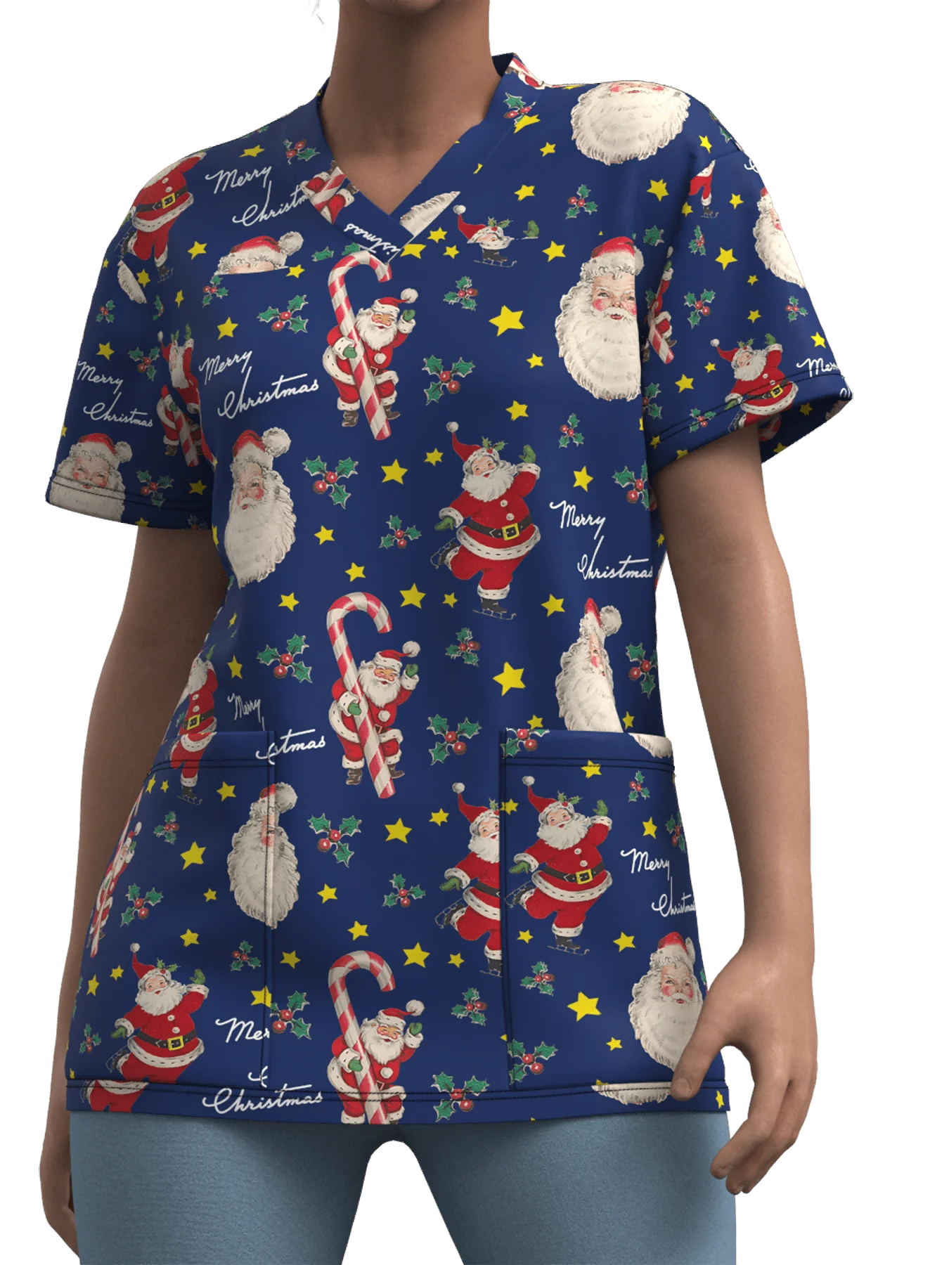 Sanitary Uniform Woman Cute Snowman Prints V-Neck Short Sleeve Pockets in Micro-Elastic Material Tops Clinical Uniforms Woman