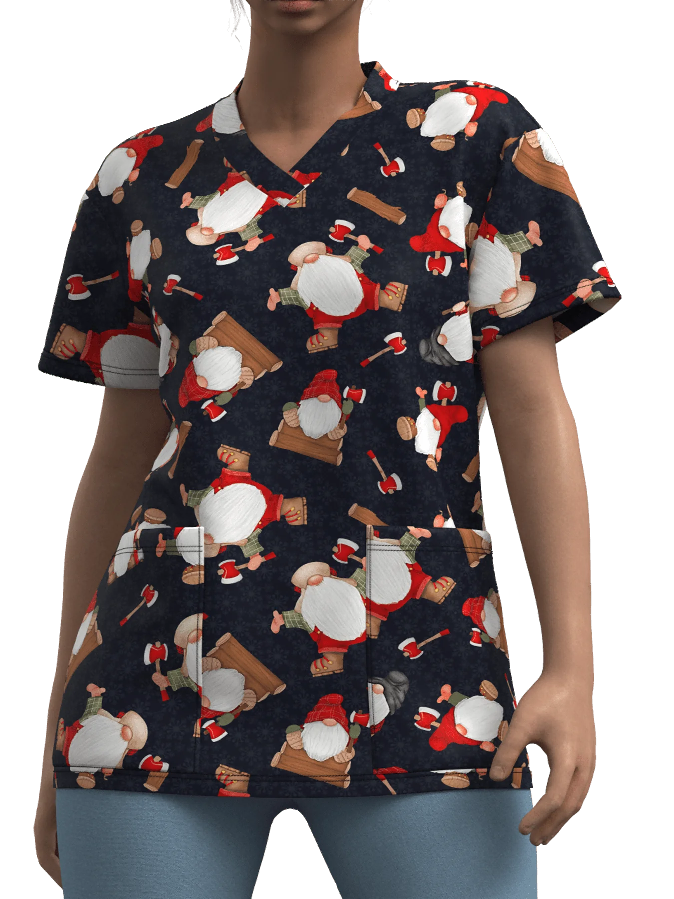 Sanitary Uniform Woman Cute Snowman Prints V-Neck Short Sleeve Pockets in Micro-Elastic Material Tops Clinical Uniforms Woman