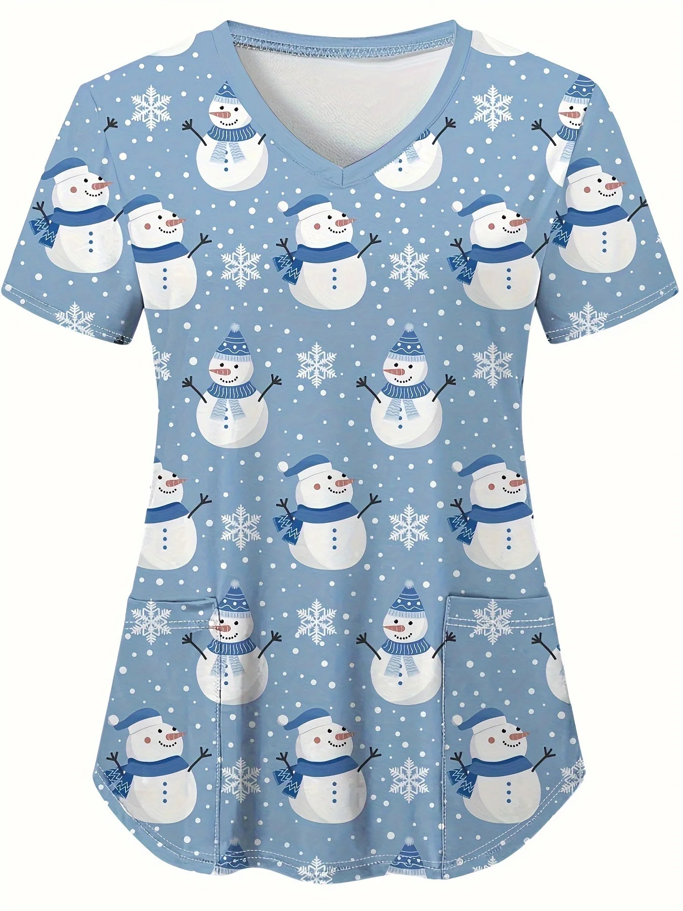 Sanitary Uniform Woman Cute Snowman Prints V-Neck Short Sleeve Pockets in Micro-Elastic Material Tops Clinical Uniforms Woman