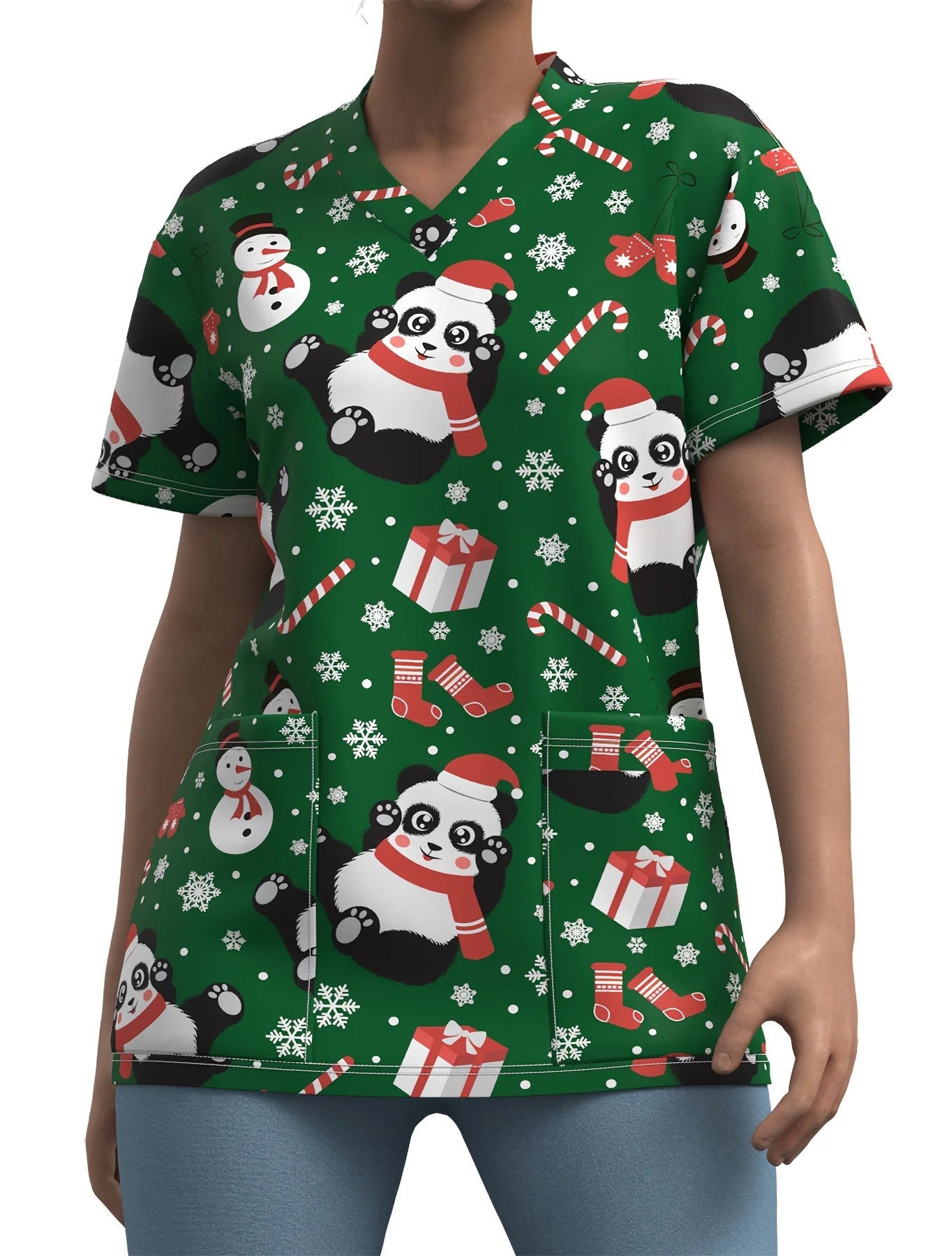 Sanitary Uniform Woman Cute Snowman Prints V-Neck Short Sleeve Pockets in Micro-Elastic Material Tops Clinical Uniforms Woman