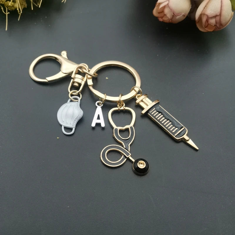 A-Z Letters, New Design Keychain Doctor Medical Tool Stethoscope Syringe Face Mask Key Ring Nurse Medical Gift Keychain Souvenir