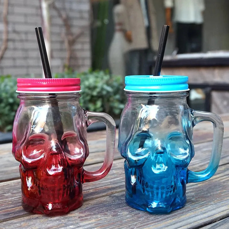 500 ml Skull Mason Jar Mug Wine Beer Glasses Drink Cup Cocktail Glass With Lid And Straw For Home Bar Party Halloween Decoration