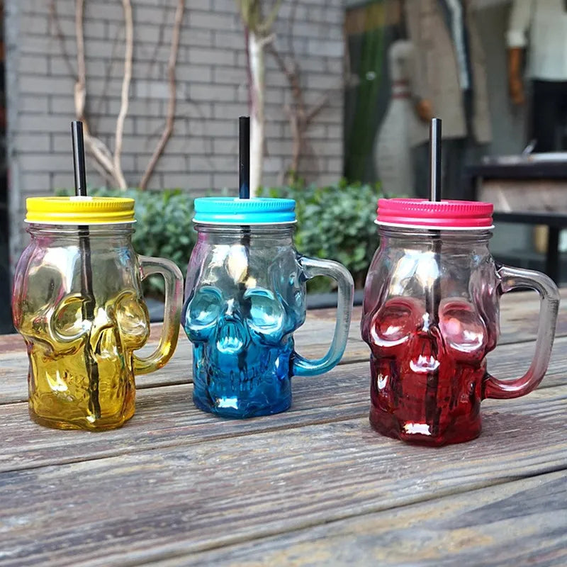 500 ml Skull Mason Jar Mug Wine Beer Glasses Drink Cup Cocktail Glass With Lid And Straw For Home Bar Party Halloween Decoration