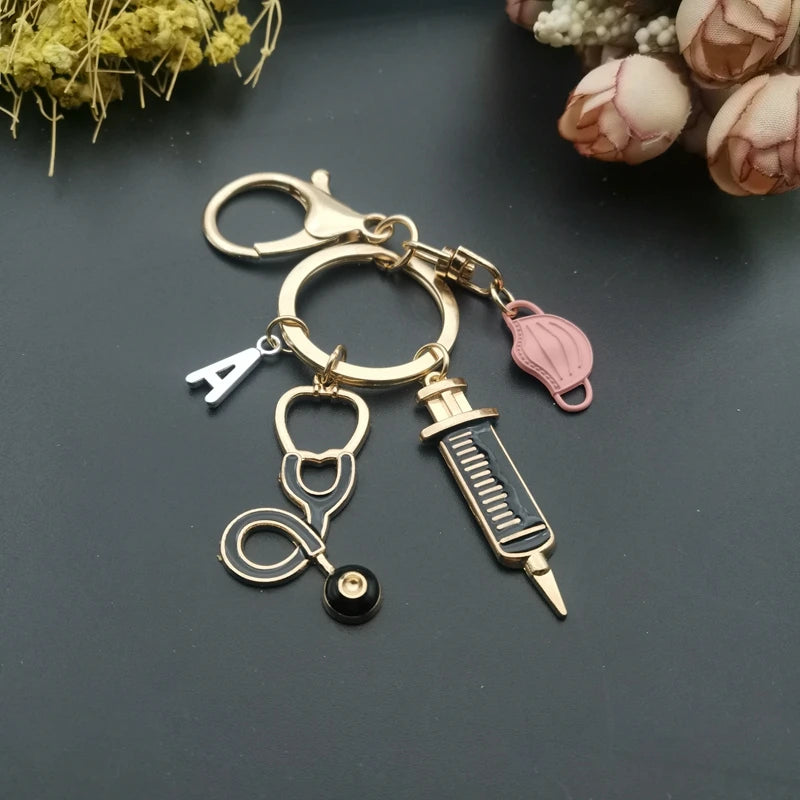 A-Z Letters, New Design Keychain Doctor Medical Tool Stethoscope Syringe Face Mask Key Ring Nurse Medical Gift Keychain Souvenir