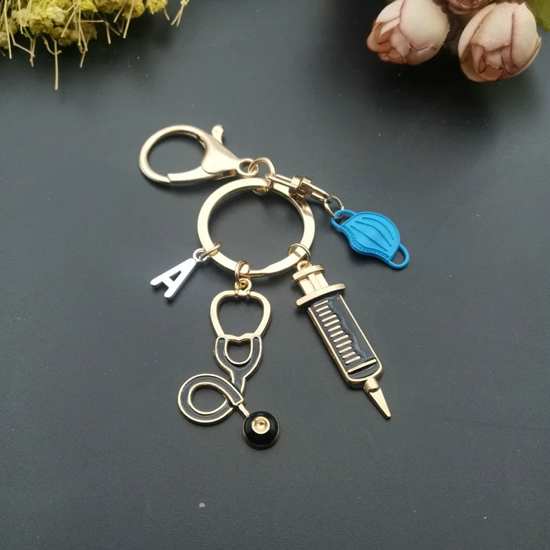 A-Z Letters, New Design Keychain Doctor Medical Tool Stethoscope Syringe Face Mask Key Ring Nurse Medical Gift Keychain Souvenir