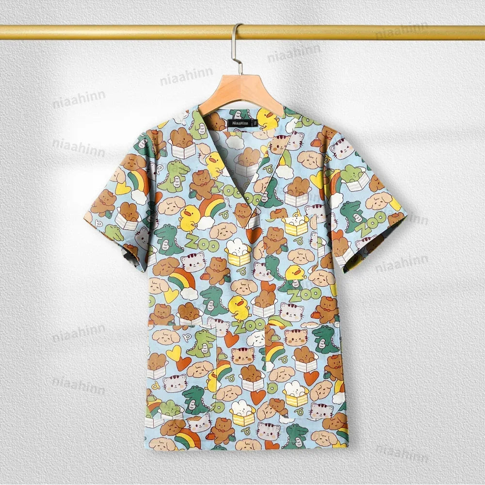 Cotton Printed Medical Uniforms Nurse Accessories for Work Doctor's Surgical Scrub Cartoon Pattern Short Sleeved Shirt Women Men