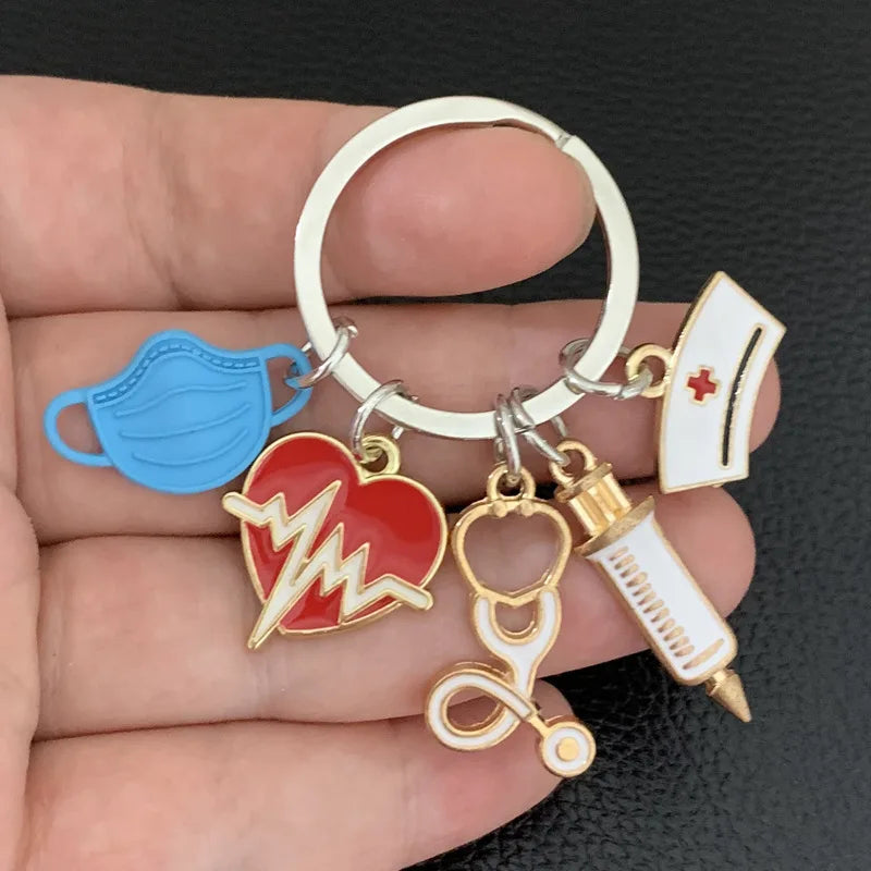 Medical Tool Doctor Keychain Heartbeat Stethoscope Syringe Nurse Cap Key Ring Nurse Gifts Handmade Jewelry Bag Ornaments Charm