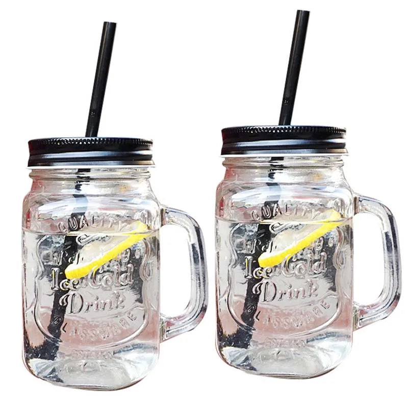 450ml Mason Jar Mugs with Handles Old Fashioned Glass Bottle Juice Drink Clear Glass Water Bottle With Cover Straw Drinkware Cup