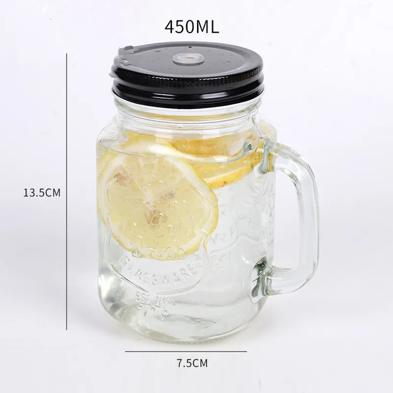 450ml Mason Jar Mugs with Handles Old Fashioned Glass Bottle Juice Drink Clear Glass Water Bottle With Cover Straw Drinkware Cup