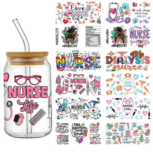 Nurse Cute Cartoon Design Best Seller 3D UV DTF Cup Wrap Transfers Stickers Labels Durable Waterproof Logo 16oz Glass Wrap