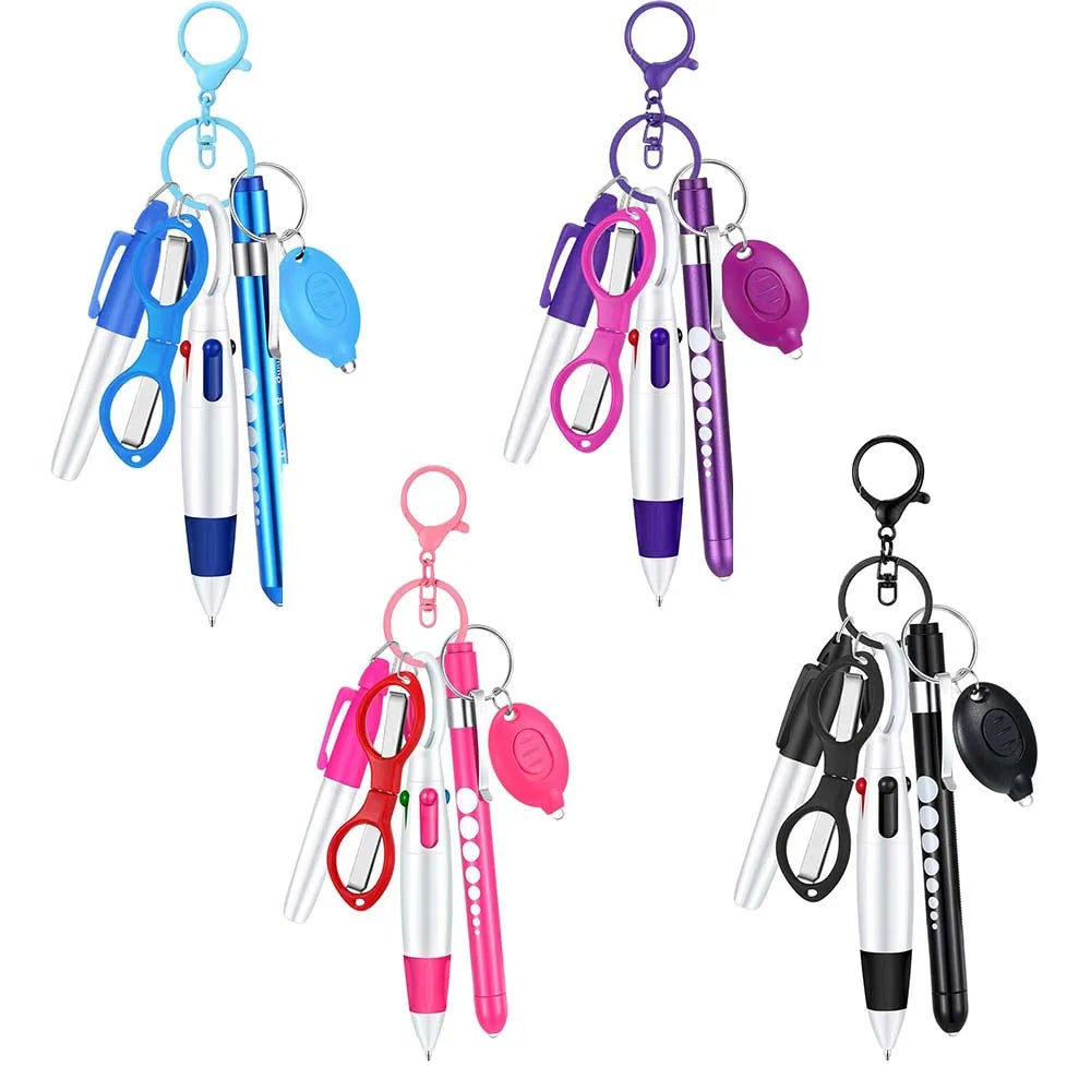 6in1 Multifunction Retractable Ball Pen Set Flashlight Foldable Scissors Ballpoint Pen Keychain Nurse Pens Permanent Marker