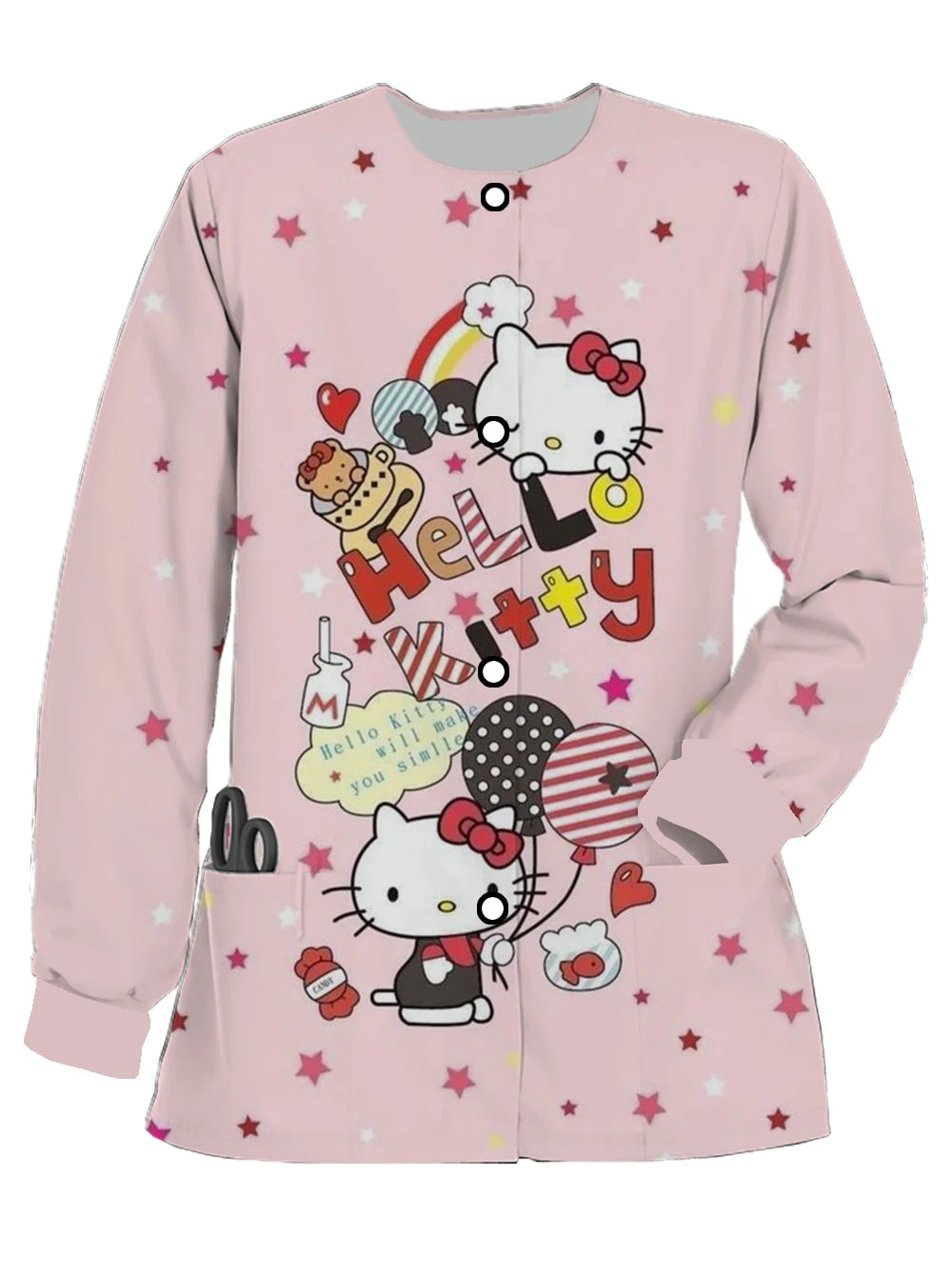 2024 new Hello Kitty printed women's long-sleeved nurse uniform doctor uniform spring and autumn pocket jacket jacket