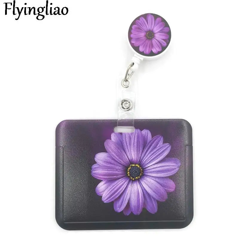 Purple Flowers Cute Card Cover Clip Lanyard Retractable Student Nurse Badge Reel Clip Cartoon ID Card Holder