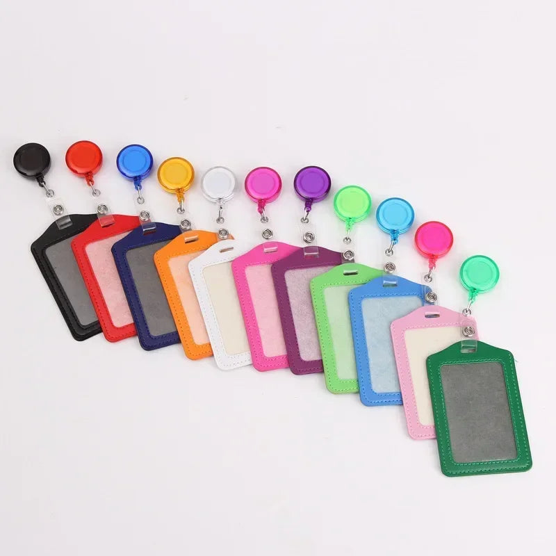 Women Men Student Retractable Badge Reel ID Card Holder Cover Case Nurse Badge Lanyards Fashion PU Leather Card Holders Set