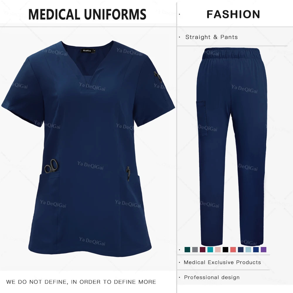 Anti-Wrinkle Premium Fabric Clinical Uniforms Washable Nurse Uniforms Medical Scrubs Sets Surgical Blouse Pockets Straight Pants