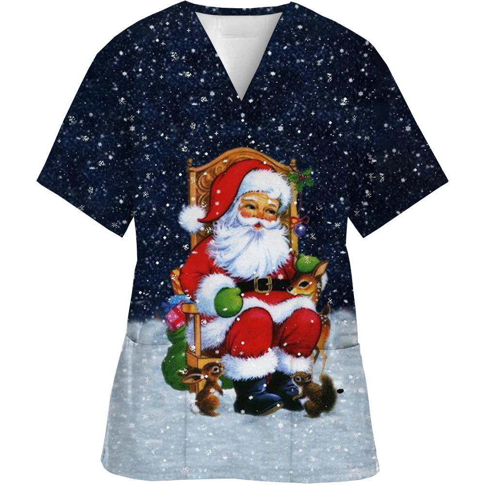 Christmas Printed V-Neck Scrubs Tops for Woman Man Blouse Cotton Surgeon Working Clothes Medical Uniform Doctor Nurse Scrub Tops