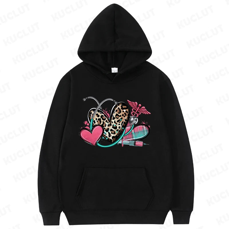 New Women Hoodies Pullover Oversize Valentines Day Love Nurse Print Hoodies Casual Long Sleeve Women Sweatshirts Nurse Gifts