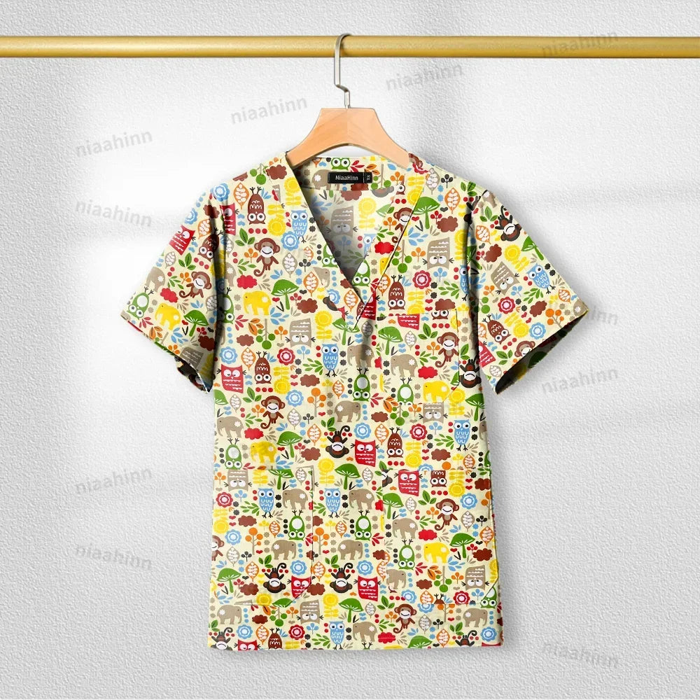 Cotton Printed Medical Uniforms Nurse Accessories for Work Doctor's Surgical Scrub Cartoon Pattern Short Sleeved Shirt Women Men