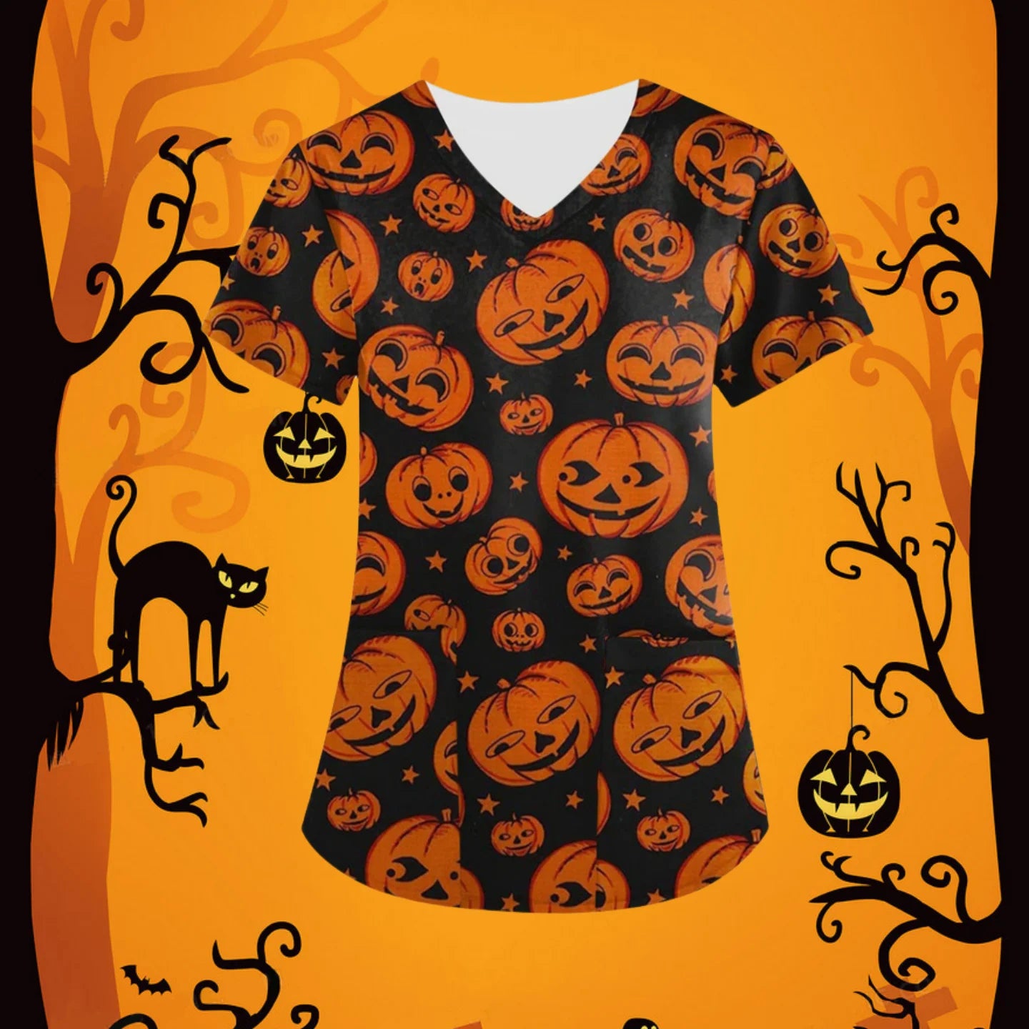 Halloween Scrubs Medical Uniform Scary Pumpkin Head Print Curable Medical Tops V-Neck Short Sleeve with Pocket Medical Clothes