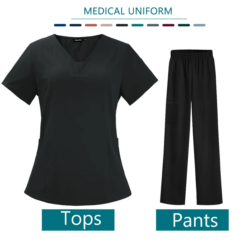 Nurse Medical Uniform High Quality Pet Grooming Care Workwear Set Scrubs Operating Room Surgical Gown Short Sleeve Elastic Pants