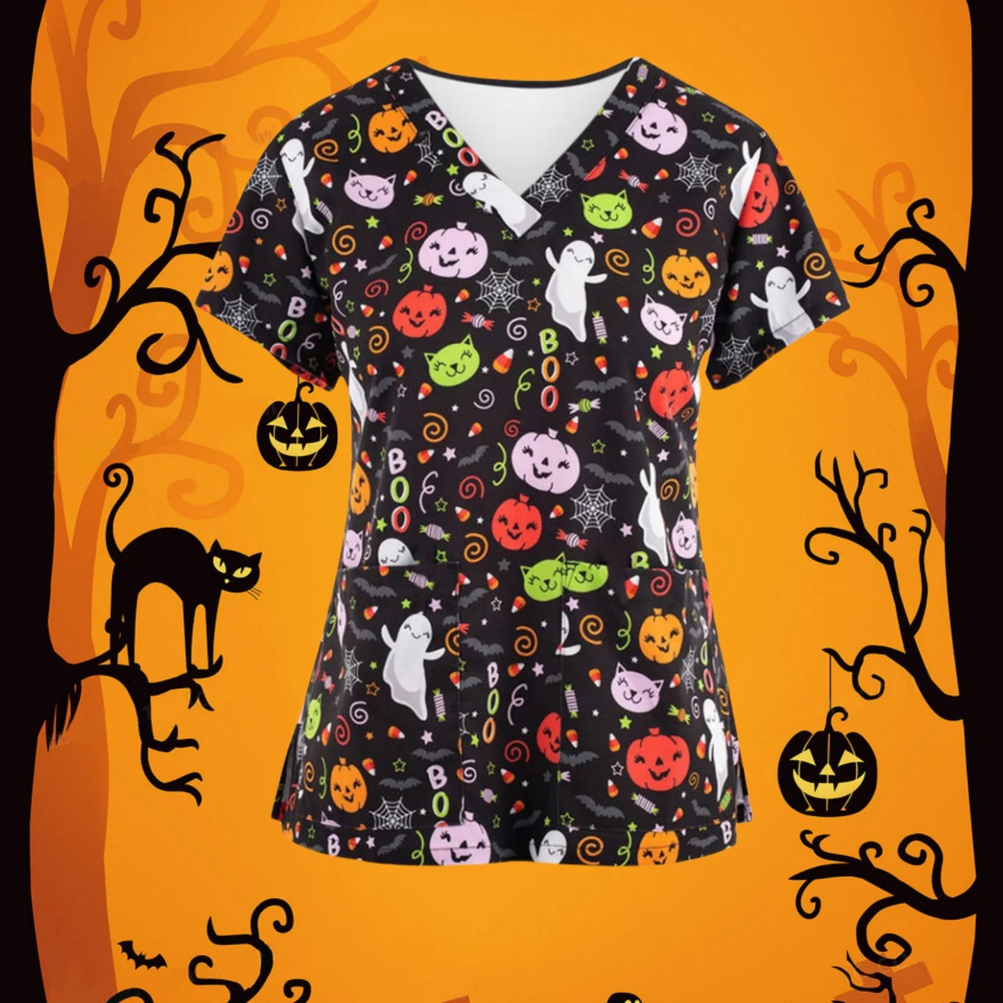 Halloween Scrubs Medical Uniform Scary Pumpkin Head Print Curable Medical Tops V-Neck Short Sleeve with Pocket Medical Clothes