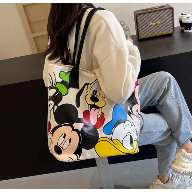 DisneyCartoon Mickey Fashion Versatile LargeCapacity Canvas Shoulder Bag Women's Casual Versatile Tote Bag Student Class Handbag