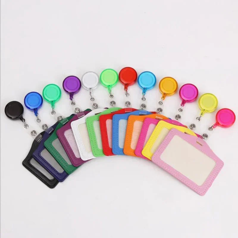 Women Men Student Retractable Badge Reel ID Card Holder Cover Case Nurse Badge Lanyards Fashion PU Leather Card Holders Set