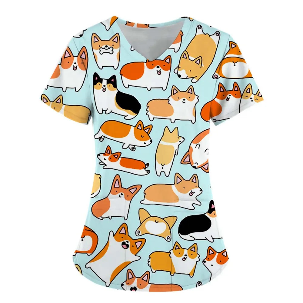 Surgical Uniforms Woman Scrub V-Neck Short Sleeves Tops Women's Medical Uniforms Vet Clinical Uniforms Cute Puppy Cartoon Print