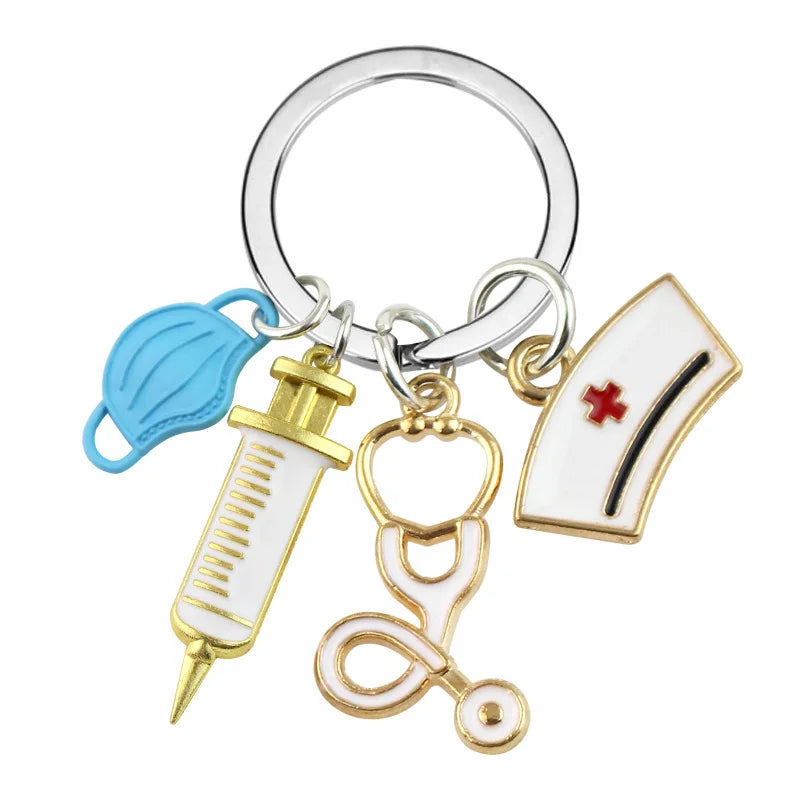 Medical Tool Doctor Keychain Heartbeat Stethoscope Syringe Nurse Cap Key Ring Nurse Gifts Handmade Jewelry Bag Ornaments Charm