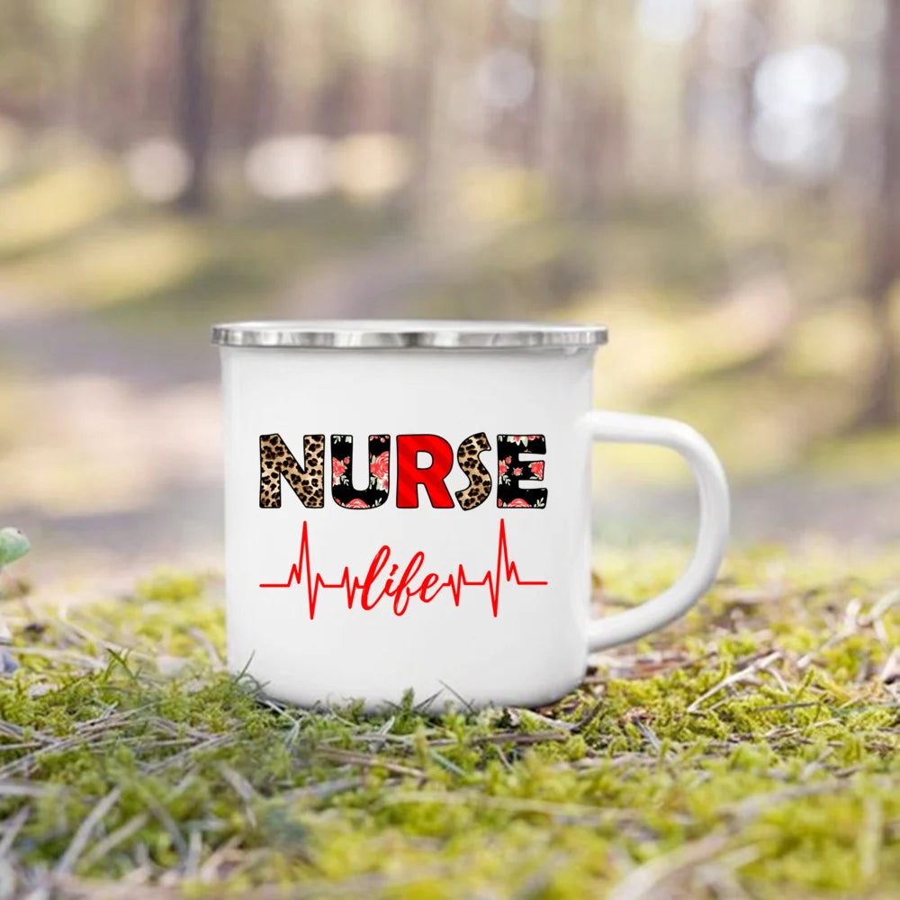 Nurse Life Print Mugs Creative Coffee Cups Drinks Dessert Breakfast Milk Cup Enamel Mugs Handle Drinkware Best Gifts for Nurse