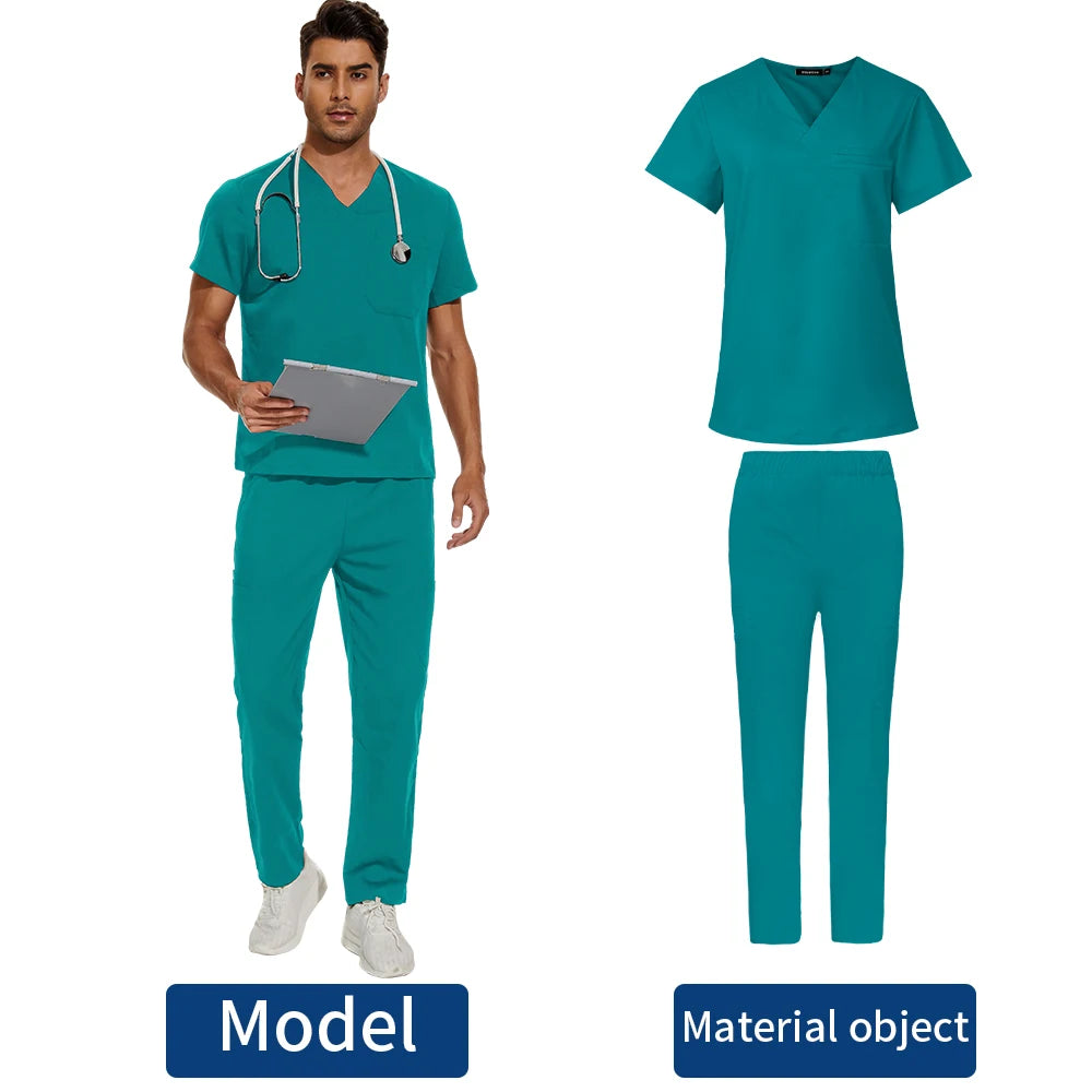 Short Sleeve Mens Scrub Uniforms Doctor Overcoats Dentist Set Medical Tops Pants Man or Women Nurse Work Wear Lab Pharmacy Gown