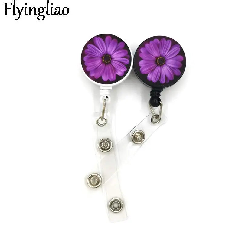 Purple Flowers Cute Card Cover Clip Lanyard Retractable Student Nurse Badge Reel Clip Cartoon ID Card Holder