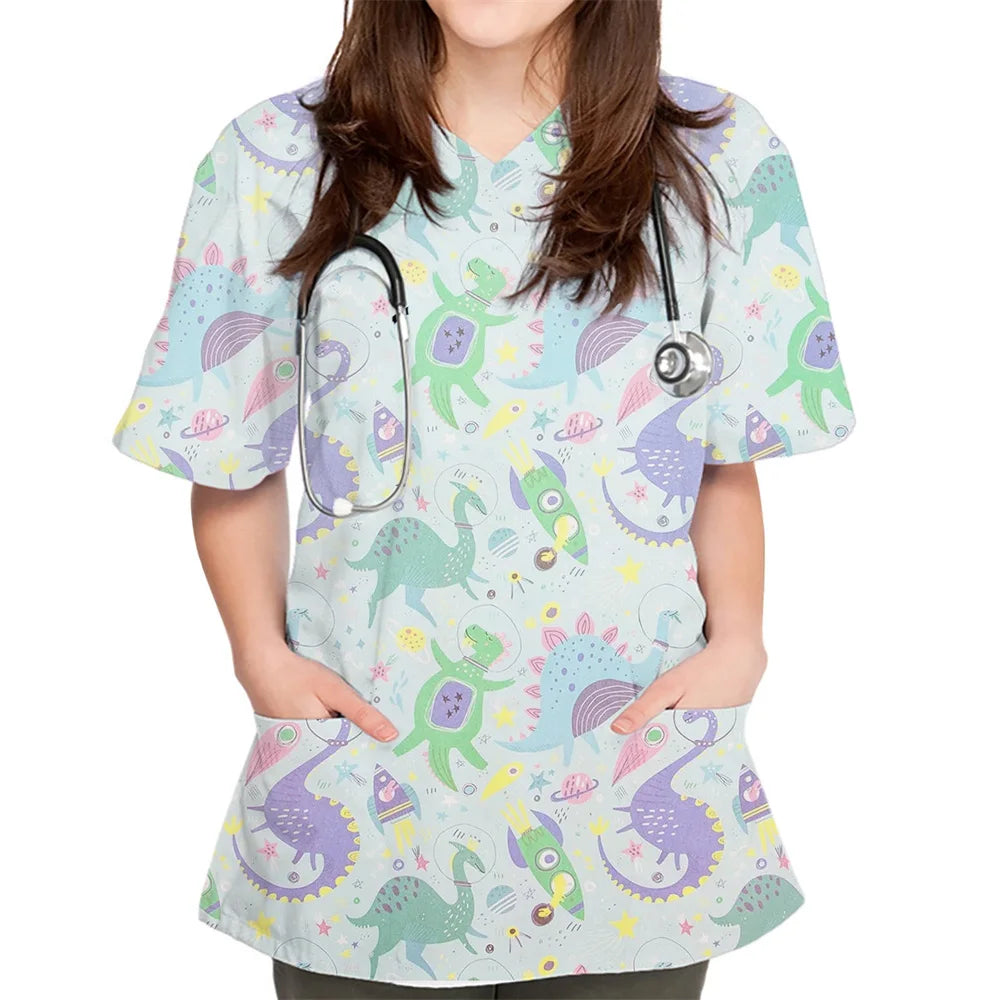 Surgical Uniform Woman Cute Dinosaur Cartoon Print Surgical Uniforms V-Neck Short Sleeve Pet Medical Top Women's Surgical Scrubs