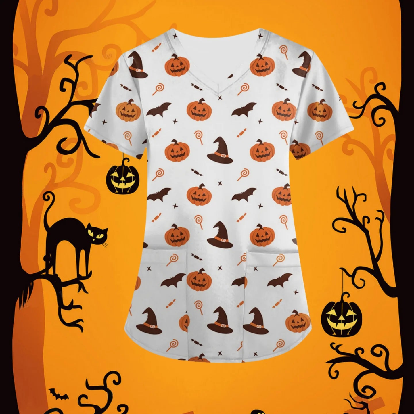 Halloween Scrubs Medical Uniform Scary Pumpkin Head Print Curable Medical Tops V-Neck Short Sleeve with Pocket Medical Clothes