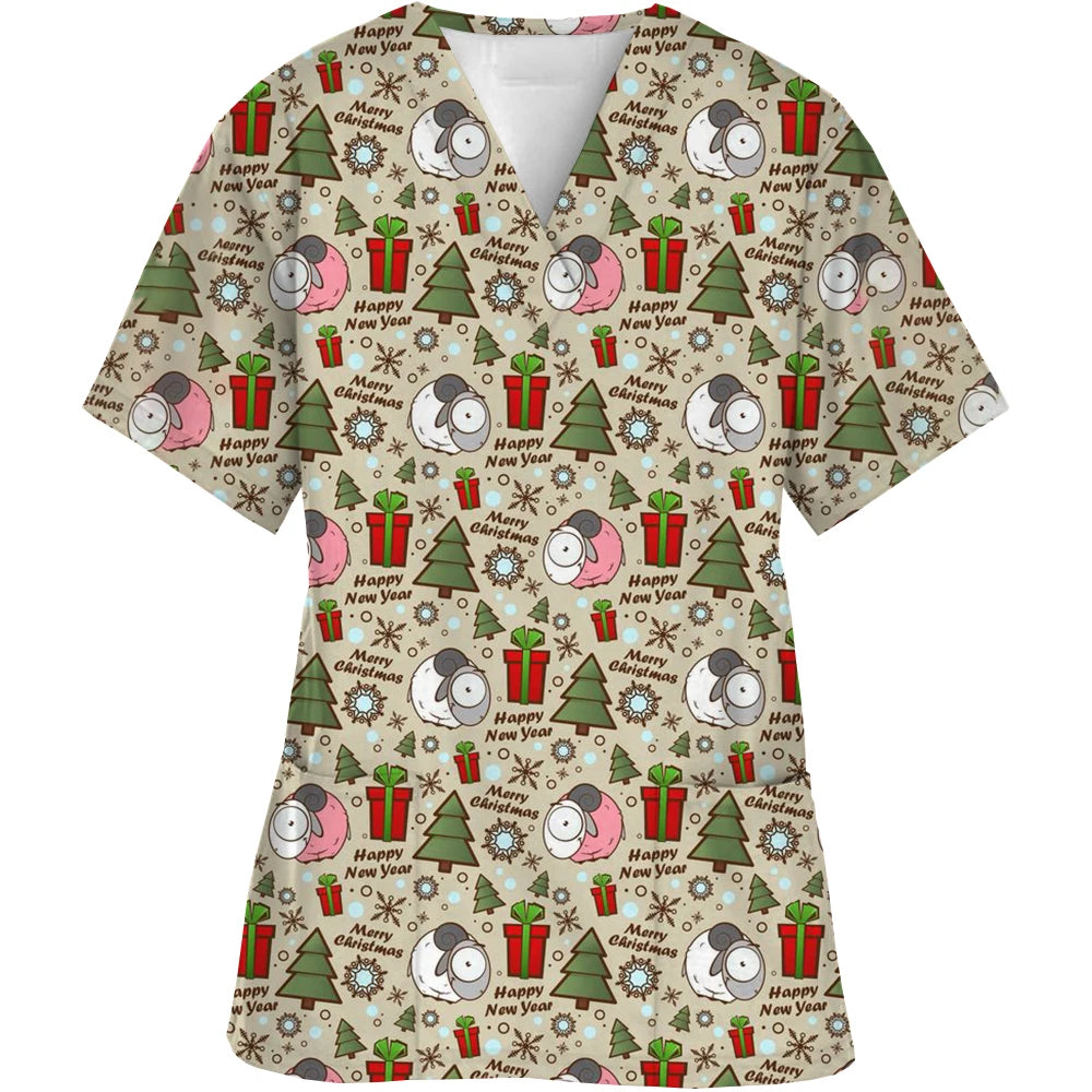 Christmas Printed V-Neck Scrubs Tops for Woman Man Blouse Cotton Surgeon Working Clothes Medical Uniform Doctor Nurse Scrub Tops