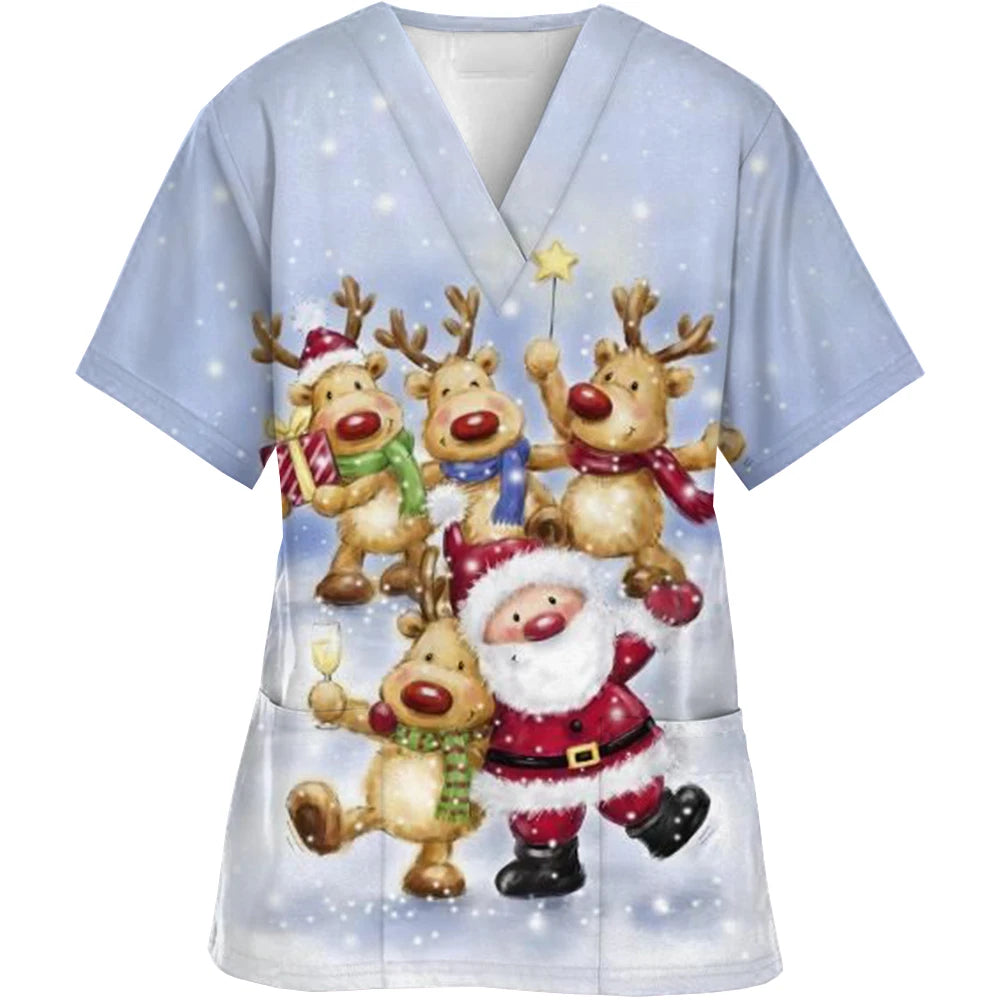 Christmas Printed V-Neck Scrubs Tops for Woman Man Blouse Cotton Surgeon Working Clothes Medical Uniform Doctor Nurse Scrub Tops