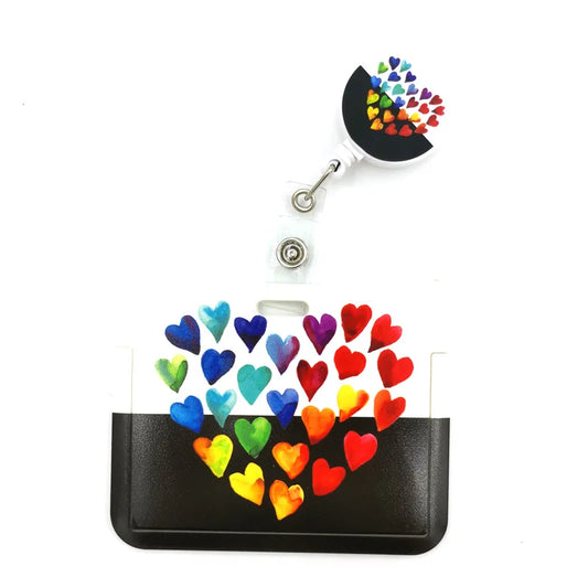 Rainbow Color Hearts Love ID Retractable Badge Holder ID Badge Holder Clip Key Ring for Name Card Keychain Nurse Work Decoration