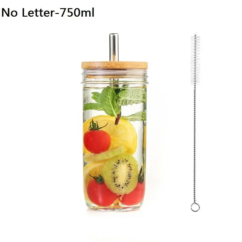 Mason Jars for Drinking Cup Bubble Tea Glass Cup with Bamboo Lid Reusable Glass Boba Smoothie with Stainless Steel Straw Cups