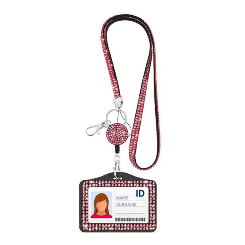 Rhinestone Badge Holder Lanyard Crystal Strap Card Clip Retractable Hanging Rope Horizontal Vertical Style Work ID Card Case New