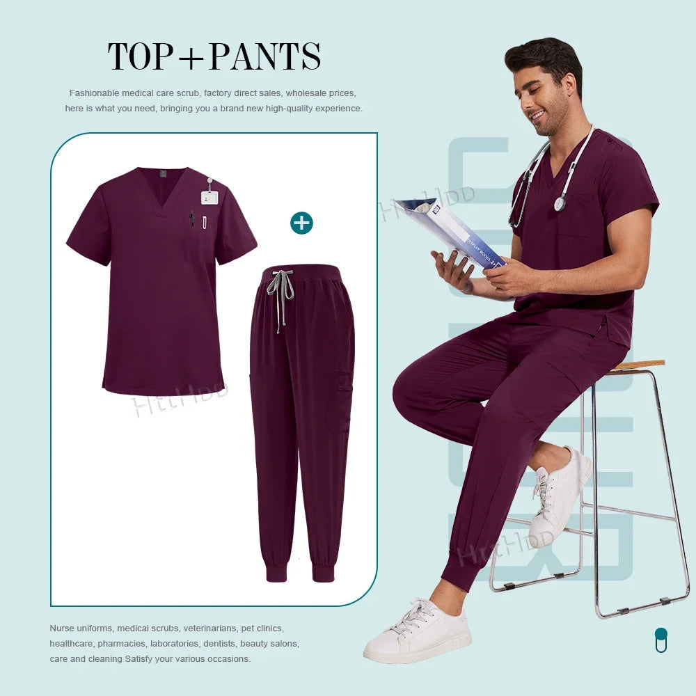 Men Women Unisex Nurse Surgical Scrubs Suits Doctor Medical Hospital Uniform Top Jogger Pants Scrubs Nursing Veterinary Uniforms