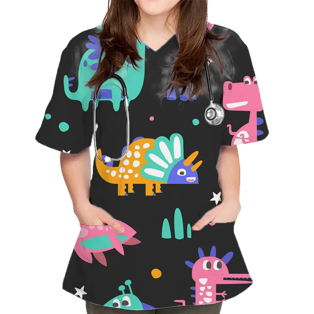 Surgical Uniform Woman Cute Dinosaur Cartoon Print Surgical Uniforms V-Neck Short Sleeve Pet Medical Top Women's Surgical Scrubs