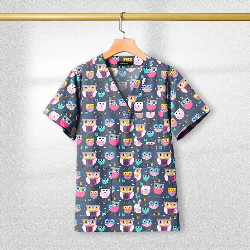 Cotton Printed Medical Uniforms Nurse Accessories for Work Doctor's Surgical Scrub Cartoon Pattern Short Sleeved Shirt Women Men