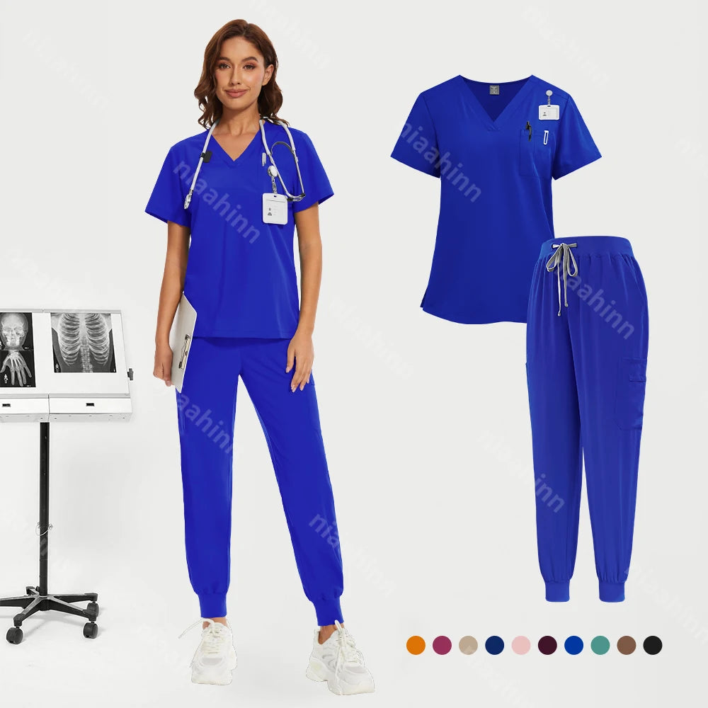 Niaahinn Medical Nurse Scrubs Tops+Pant Beauty Salon Spa Workwear Clinical Doctor Nursing Suit Surgical Uniforms Women Scrub Set