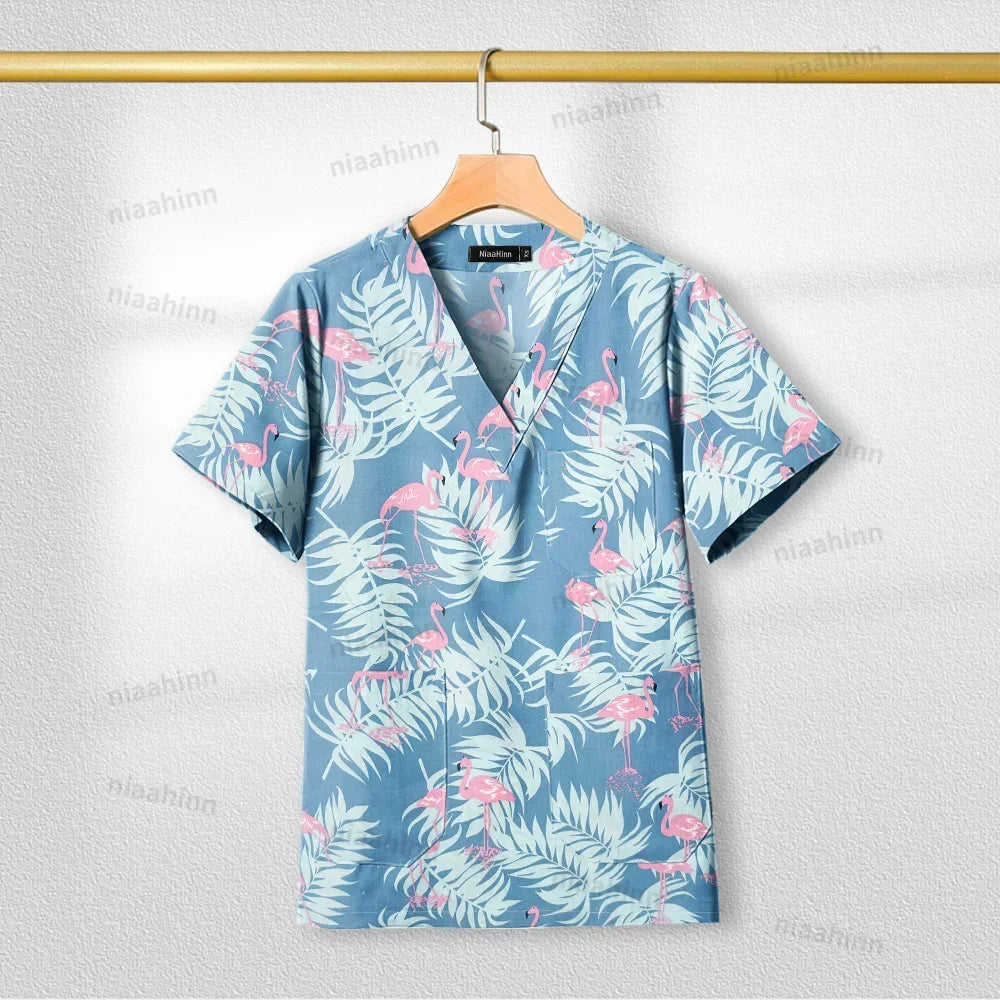 Cotton Printed Medical Uniforms Nurse Accessories for Work Doctor's Surgical Scrub Cartoon Pattern Short Sleeved Shirt Women Men