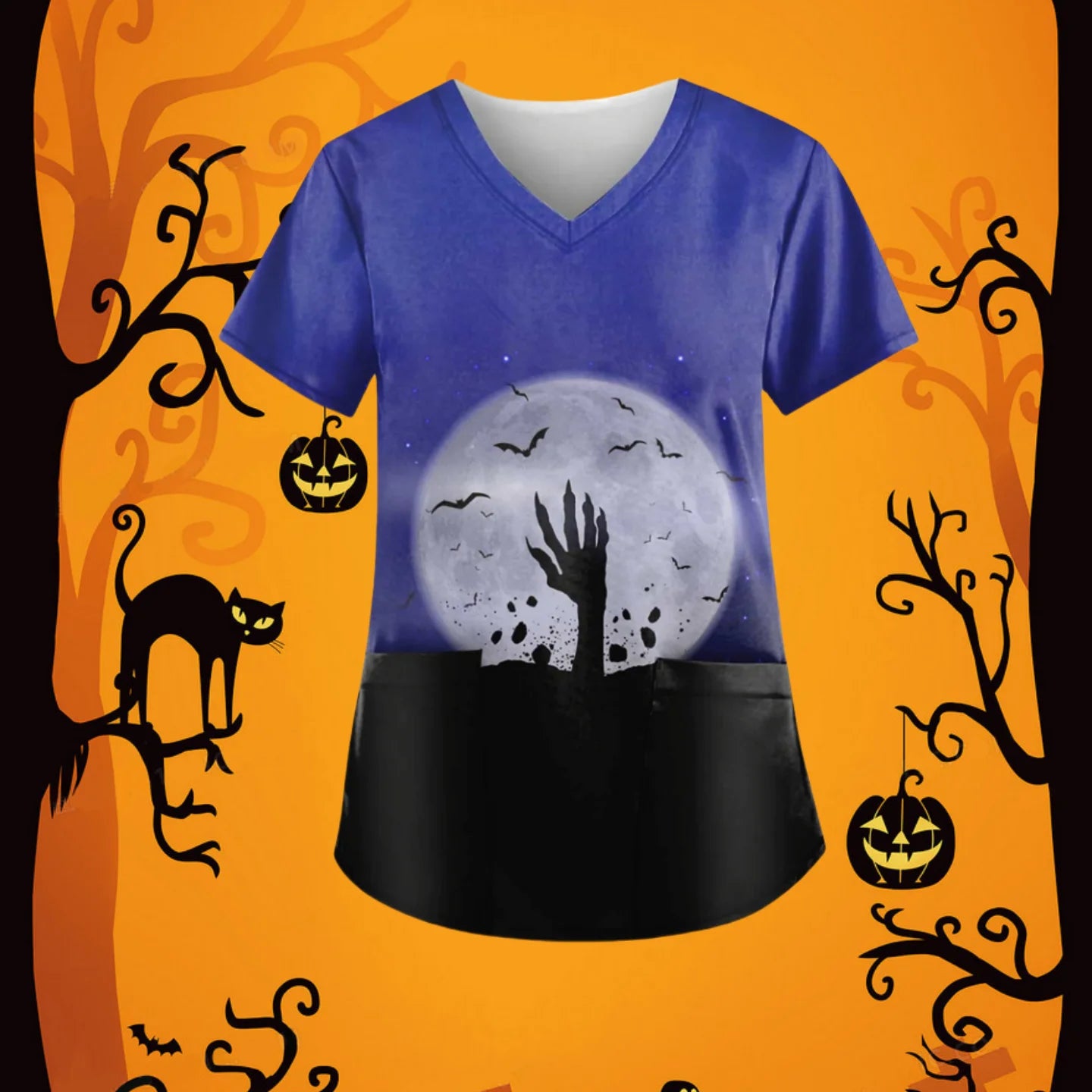 Halloween Scrubs Medical Uniform Scary Pumpkin Head Print Curable Medical Tops V-Neck Short Sleeve with Pocket Medical Clothes