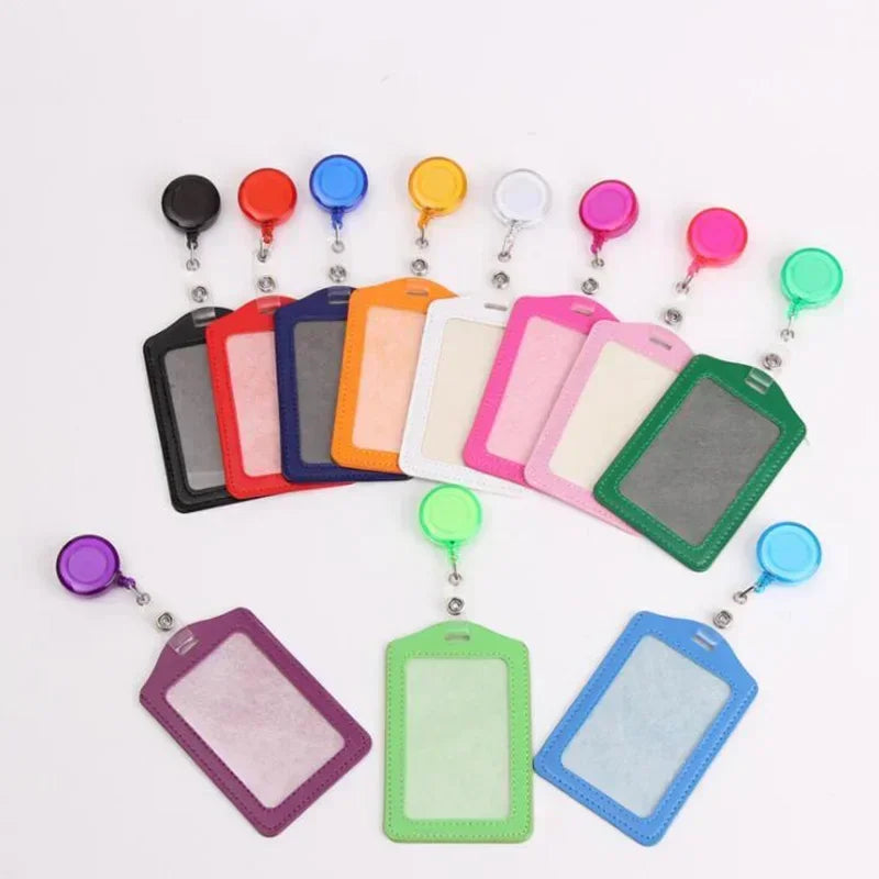 Women Men Student Retractable Badge Reel ID Card Holder Cover Case Nurse Badge Lanyards Fashion PU Leather Card Holders Set