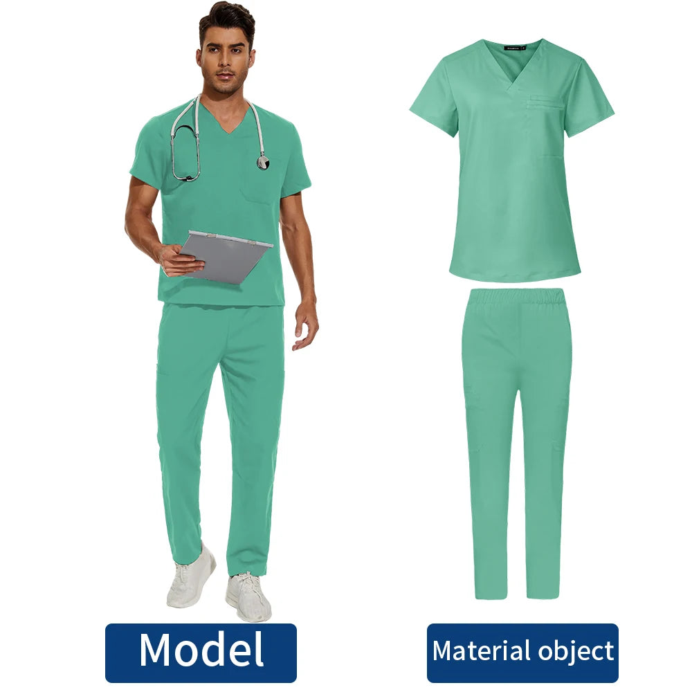 Short Sleeve Mens Scrub Uniforms Doctor Overcoats Dentist Set Medical Tops Pants Man or Women Nurse Work Wear Lab Pharmacy Gown