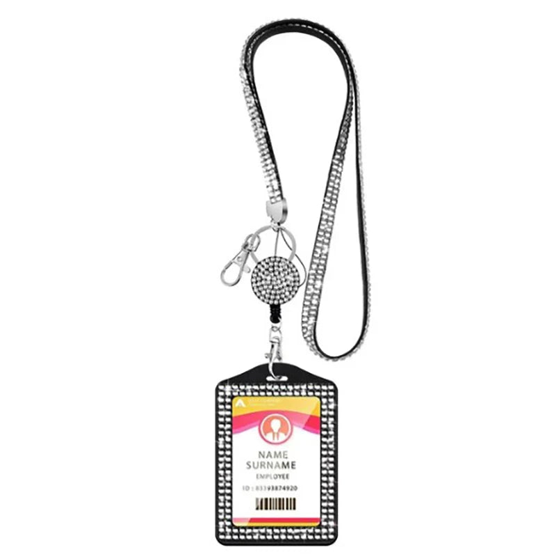 Rhinestone Badge Holder Lanyard Crystal Strap Card Clip Retractable Hanging Rope Horizontal Vertical Style Work ID Card Case New